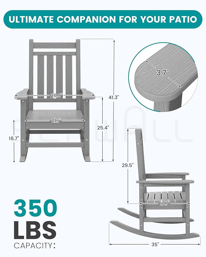 SEWALL HDPE Rocking Chair, Oversized Outdoor Rocking Chair for Adults, Patio Rocker for Porch, Sliver Gray