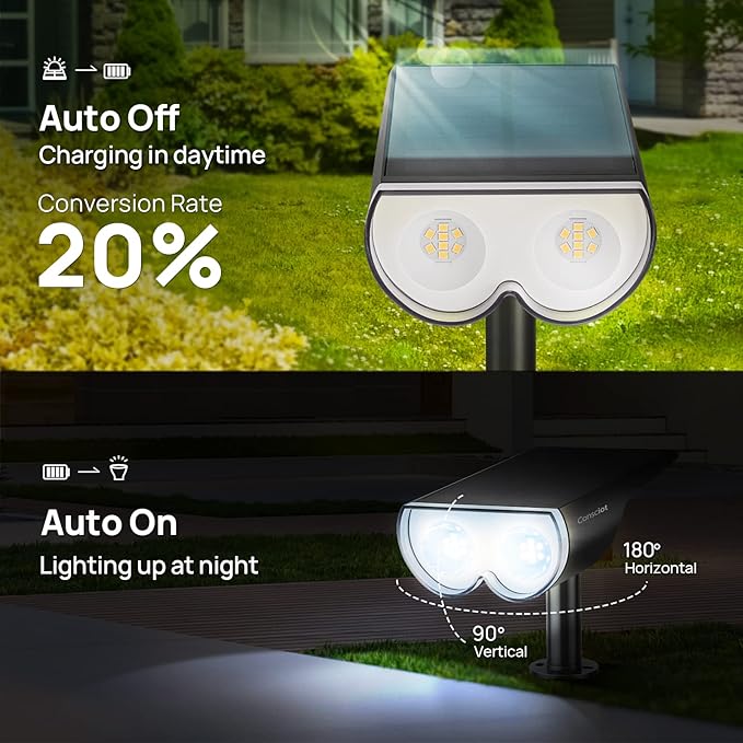 Solar Spot Lights Outdoor, Consciot 16 LEDs IP67 Waterproof Solar Outdoor Lights, Auto On/Off Solar Landscape Spotlights, 2-in-1 Adjustable Wall Lights for Garden Yard Pathway, 4 Pack (Cool White)