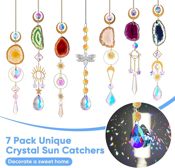 7 PCS Crystal Suncatcher, Hanging Suncatchers with Crystals Light, Sun Catchers Indoor Window Catcher with Prism Pendants Agate Slices,Tree of Life Crystal Suncatchers Indoor Outdoor Home Garden Decor