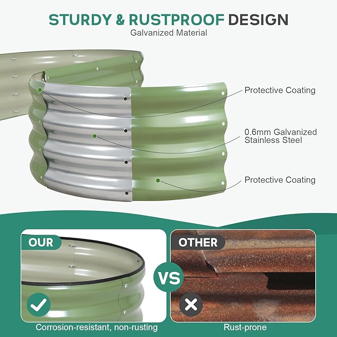 Galvanized Raised Garden Bed - 8×2×1ft Planter Raised Beds for Gardening | Oval Metal Garden Planter Box with Safety Edging and Bracing Rods for Vegetables Fruits and Flowers Oliver Green