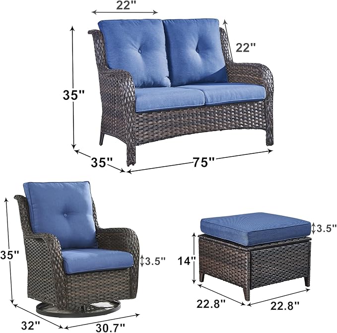Outdoor Wicker Patio Furniture Set - 5 Piece Rattan Patio Conversation Set with 2 Rocking Swivel Chairs,2 Ottomans and 1 Loveseat for Porch Deck Backyard Garden(Brown/Blue)