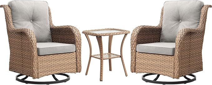 Outdoor Patio Swivel Rocker Chairs - 3 Piece Patio Bistro Set,Wicker Patio Furniture Set with 2 Swivel Rocking Chairs and 1 Glass Top Side Table for Deck Porch Garden,Yellow/Beige