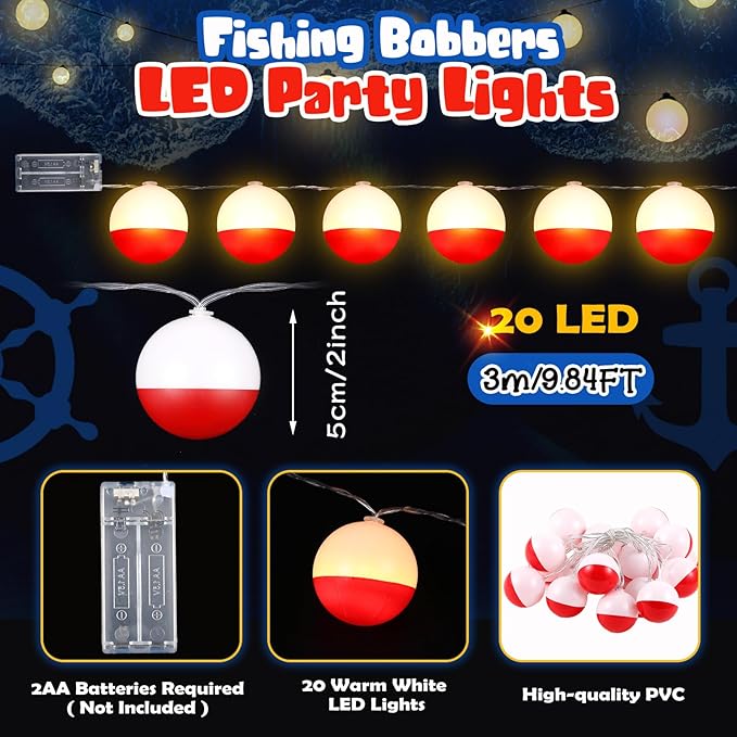 Deekin 1 Pcs LED Fishing Birthday Decorations Bobbers String Lights Battery Powered Ofishally One Theme Decor with Extra Bulbs for Gone Fishing Birthday Party Supplies Pole Party Favors