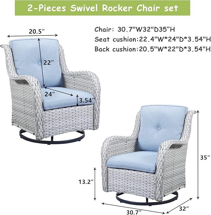 Outdoor Patio Swivel Rocker Chairs - Wicker Rattan Patio Swivel Rocking Chairs Set of 2 with High Back,Deep Seating and Comfort Cushions for Deck Porch Garden,Light Grey/SkyBlue