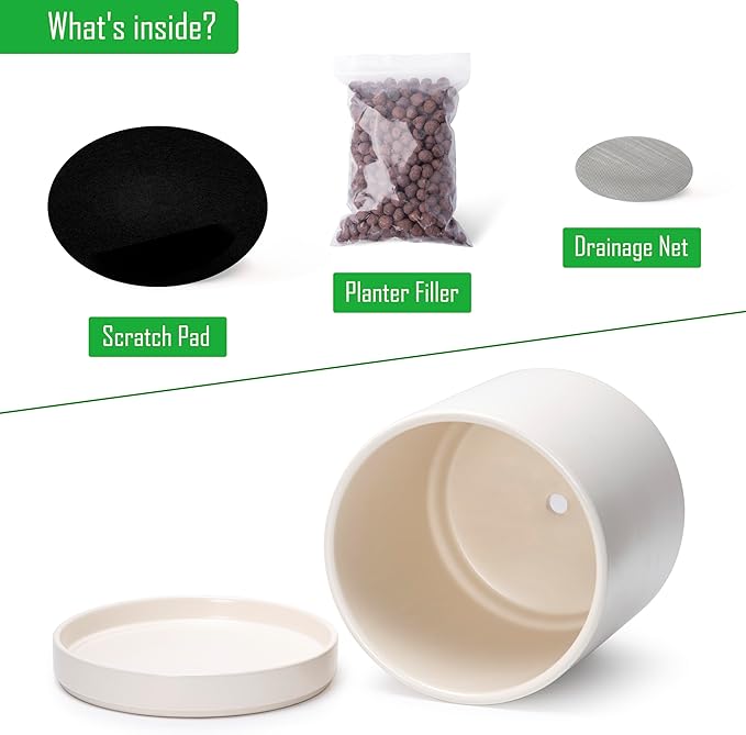 D'vine Dev 10 Inch Ceramic Planter Pot with Drainage Hole and Saucer, Indoor Cylinder Round Planter Pot, Oatmeal, 94-O-E-8