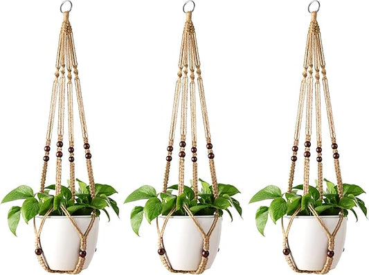 Mkono Macrame Plant Hanger Indoor Hanging Planter Basket with Wood Beads Decorative Flower Pot Holder No Tassels for Indoor Outdoor Boho Home Decor 35 Inch, Brown, Set of 3 (POTS NOT Included)