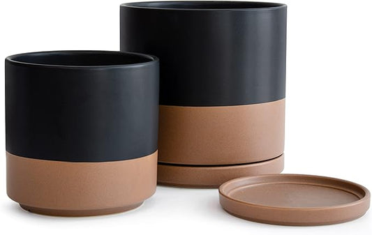 D'vine Dev 8 Inch & 10 Inch Ceramic Planter Pot for Plants with Drainage Hole and Saucer, Large Plant Pots Set, Black/Speckled Tan, 94-G-L-7