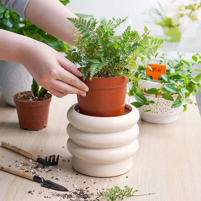 Tiered Bubble Ceramic Plant Pot, Creamy White 6 Inch Ceramic Planter with Drainage Holes, Ceramic Flower Pot with Mesh Pad, Rubber Plugs, Ceramic Pots for Indoor Plants Outdoor, Modern Décor