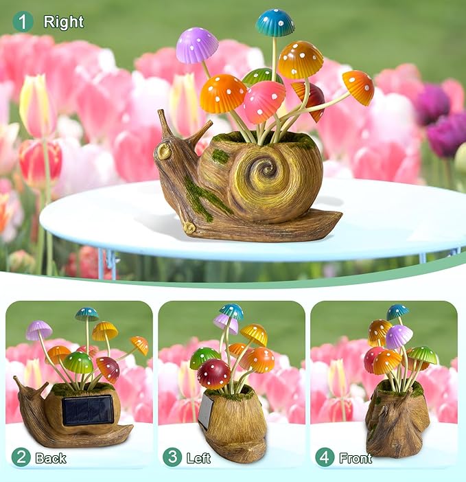 Solar Lights Outdoor Garden Statue,Cute Snails Figurines with Mushroom LED Solar Lights Fairy Garden Accessories,Birthday Gifts for Women Mom Gardening for Patio,Yard Art,Lawn Ornament,Porch,Backyard