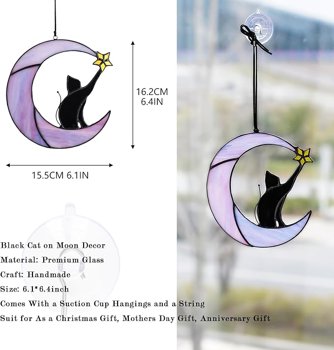 HDCRYSTALGIFTS 6.5'' Black Cat Decor on Purple Moon Stained Glass Window Hanging Suncatcher,Wall Art Glass Window Panel Sun Catcher,Halloween Ornament Decoration Memorial Gift for Lover Cat Loss