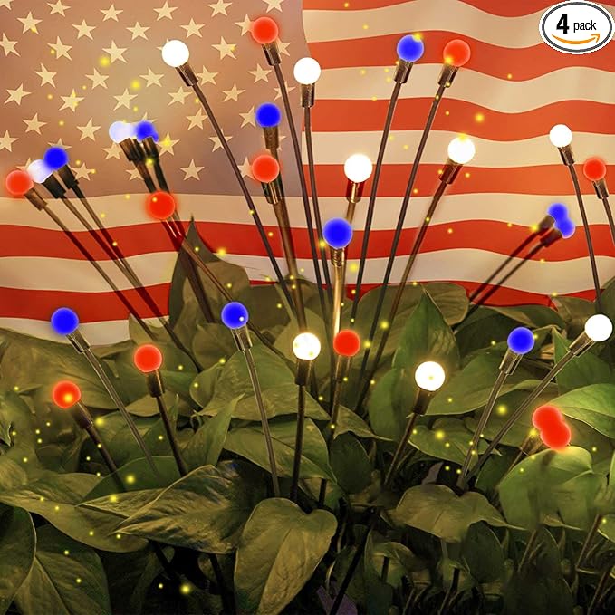OZS 4pack Solar American Flag Lights - 4th of July Solar Garden Outdoor Waterproof Firefly Light for Memory Day, Independence Day, National Day Decoration (Red White Blue)