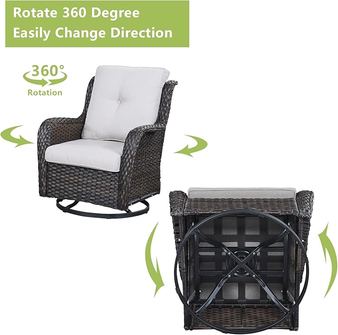 Outdoor Wicker Patio Furniture Set - 6 Piece Rattan Patio Conversation Set with 2 Rocking Swivel Chairs,2 Ottomans,1 Sofa and 1 Side Table for Porch Deck Backyard Garden(Brown/Beige)