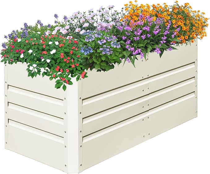 SnugNiture 4x2x2FT Raised Garden Bed Galvanized Planter Garden Boxes Outdoor, Deep Root Planter Raised Bed for Vegetables Flowers Herbs,Beige White