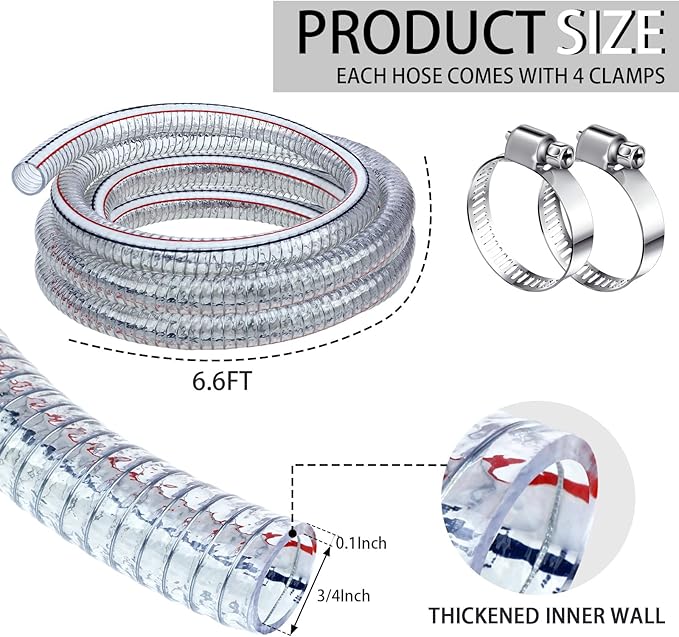 Frienda Heavy Duty Steel Wire Flexible Tubing with Fasteners PVC High Pressure Drain Hose Tube Pond Tubing Clear Wire Reinforced for Pond Bilge Pump Vacuum Suction Hose(6.6 Ft, 3/4 Inch Id)