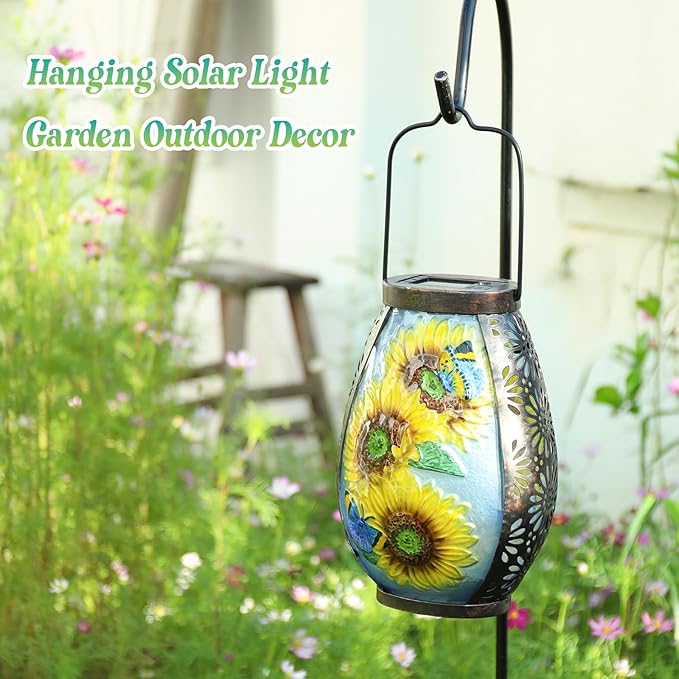 MUMTOP Solar Lanterns Outdoor Waterproof Sunflower Solar Powered LED Lights Hanging Solar Lantern Metal Decorative for Patio Table Garden Outside Yard Backyard