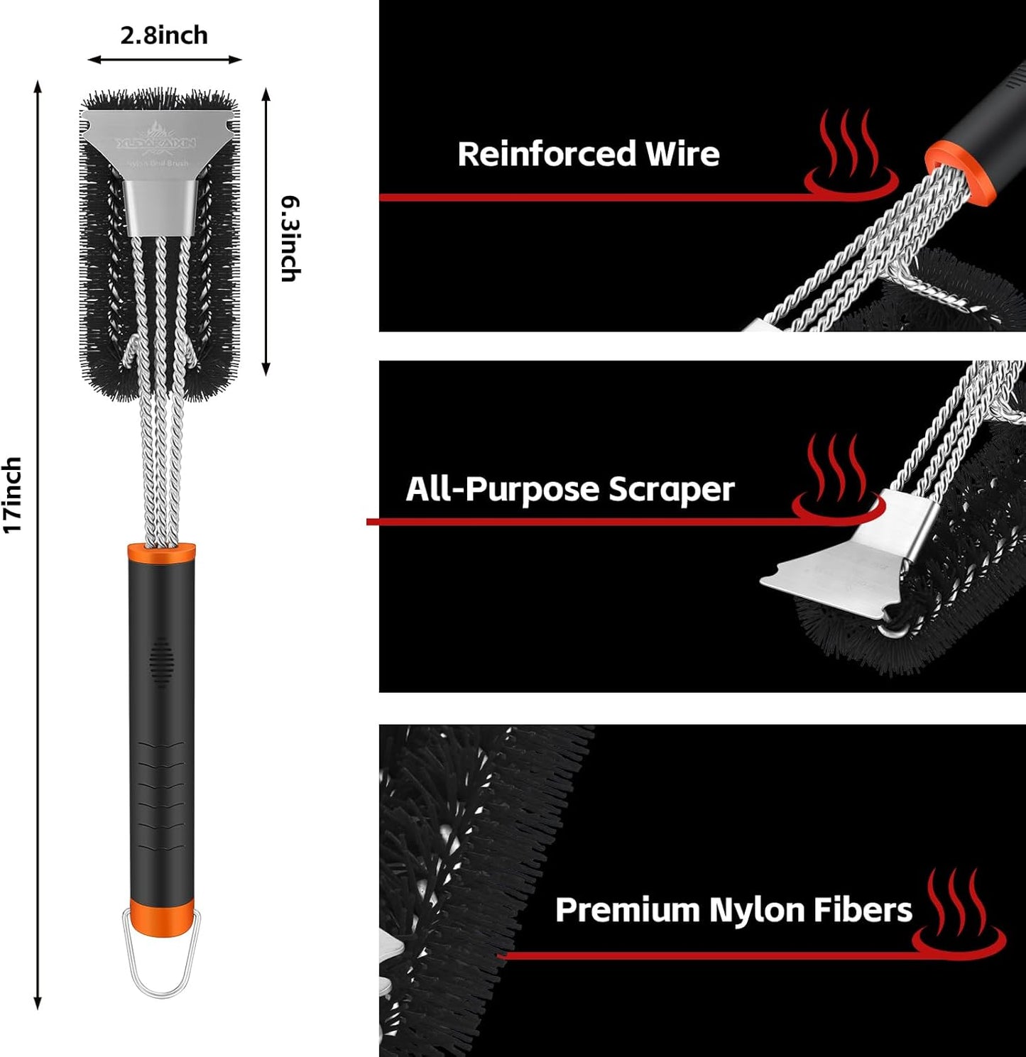 Grill Brush and Scraper, Safe Nylon Bristles Barbecue Triple Scrubbers Cleaning Brush for Cast Iron Grates/Porcelain/Weber Gas/Charcoal Grill，Extra Strong BBQ Cleaner Accessories (Black)
