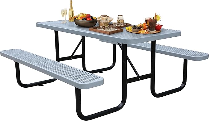 6FT Metal Picnic Tables for Outdoors, Commercial Rectangular Picnic Table and Bench Set for Outside, Patio, Garden, Backyard, Porch, Surface Mount, Grey