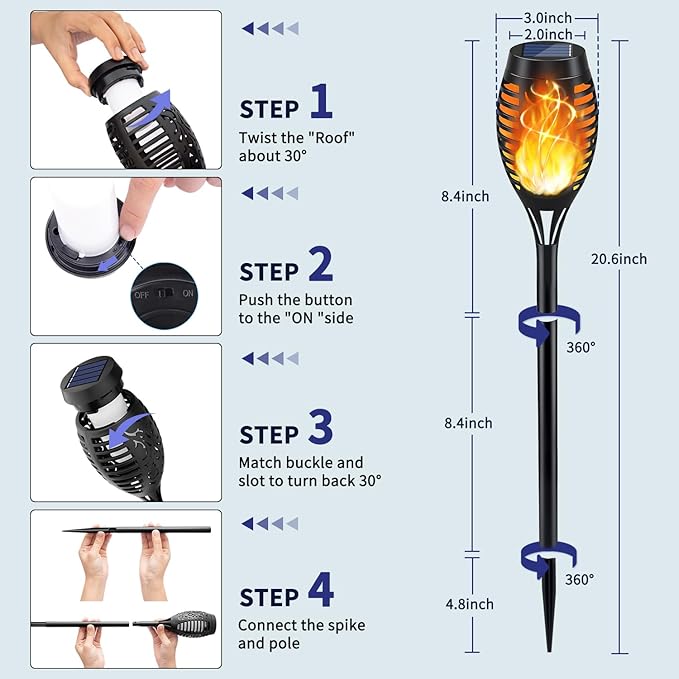 KYEKIO Solar Torch Light with Flickering Flame, 12Pack Solar Lights Outdoor, Waterproof Outdoor Lights for Yard Garden, Luces Solares para Exteriores, Tiki Torches for Outside Patio Decorations