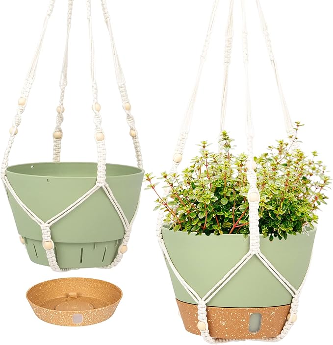QCQHDU 2 Pack Hanging Planters for Indoor Plants, Outdoor Flower Hanging Baskets, Self Watering Pots with Drainage Holes & Removable Tray (Green, 10 inch, Macrame Hanger)