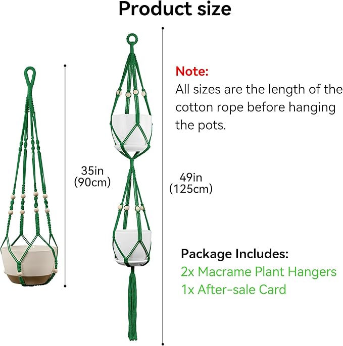 USLAI Macrame Plant Hanger Indoor Outdoor, Up to 4-15 inch Pot, Heavy 20lb Planters, Extra Long Strong Hanging Planter Basket Holder, Boho Home Decor, 35+49 Inch, Green (POTS NOT Included)
