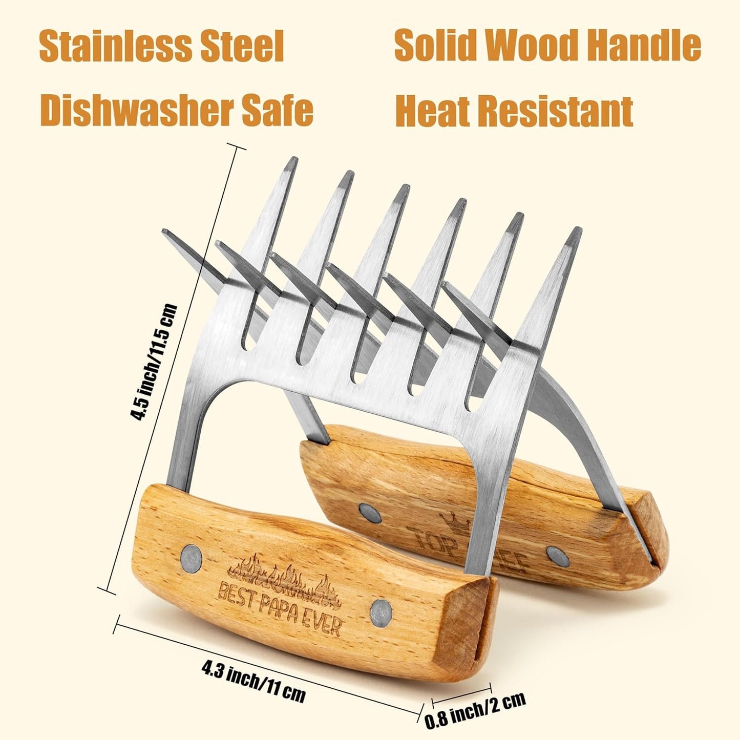 Haooryx Father's Day Meat Claw - Stainless Steel Meat Shredder Claws Grilling Tool BBQ Barbecue Accessories Drawstring Bag Box King of The Grill Best Papa Ever Top Chef Pulled Meat Dad's Birthday Gift