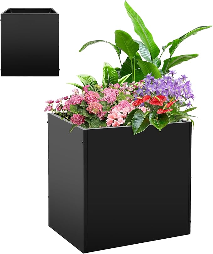 Metal Rectangular Planter Box, Small Planter Boxes Outdoor, 18''L x 18''W x 20''H Heavy Duty Plant Box with Removable Insert Shelf, 3 Tier Adjustable Height Tall Garden Planter for Plants, Flowers