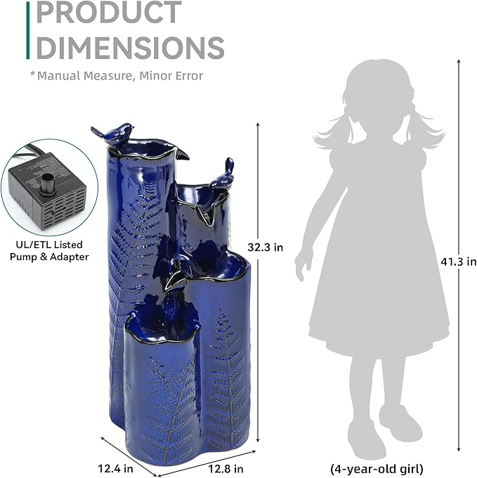 32" H Ceramic Outdoor Water Fountain with LED Lights, 4-Tier Vase Outdoor Fountain, Cobalt Blue Glaze, Embossed Fern Pattern, Cascading Waterfall for Tranquil Garden, Patio, or Porch