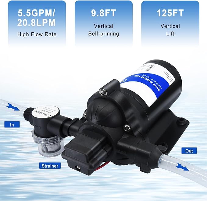 12 volt RV Water Pump Water Pressure Booster Pump for Garden Hose Self Priming Water Pump 50psi 4gpm On Demand Water Pump for Kitchen Bathroom, Garden, Marine, Boats and Irrgration