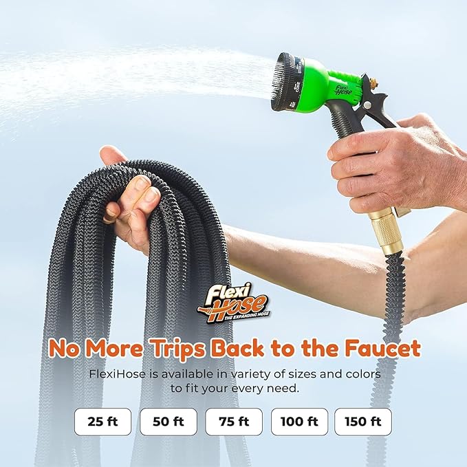 Flexi Hose with 8 Function Nozzle, 25FT - Lightweight Expandable Garden Hose, No-Kink Flexibility, 3/4 Inch Solid Brass Fittings and Double Latex Core