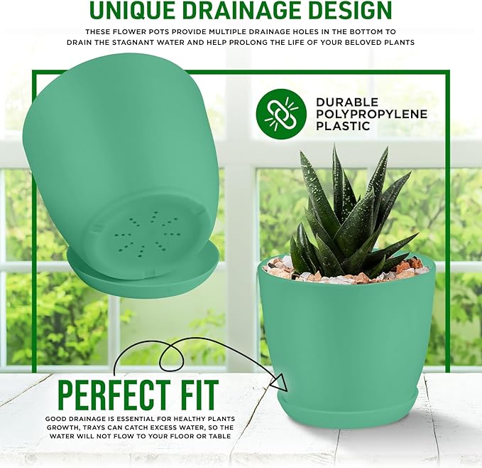 Planter Pots with Drainage Holes - Lightweight, Durable, & Space-Saving Pots for Indoor and Outdoor - Versatile Functionality, Simple Modern Design, Set of 5 Plastic Planter Pots Mint