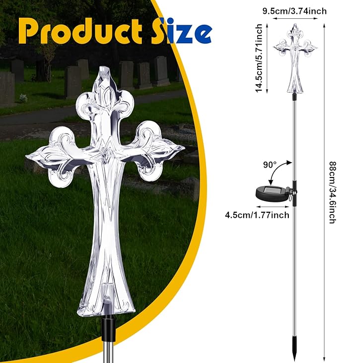 Riakrum 4 Piece Solar Cross for Cemetery Grave Grave Crosses for Cemetery Memorial Stake Solar Lights Waterproof Outdoor Garden Stake Cemetery Cross for Grave Yard Decorations, 16 Inches Long