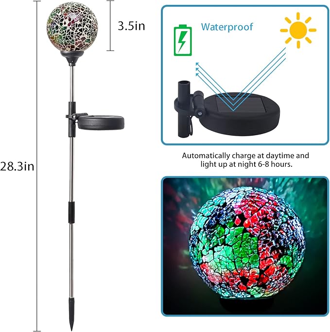 WNP Solar Powered Lights Outdoor Decorative Waterproof Mosaic Solar Garden Stakes Multi Color Crackle Glow Glass Ball Lights for Patio Pathway Yard