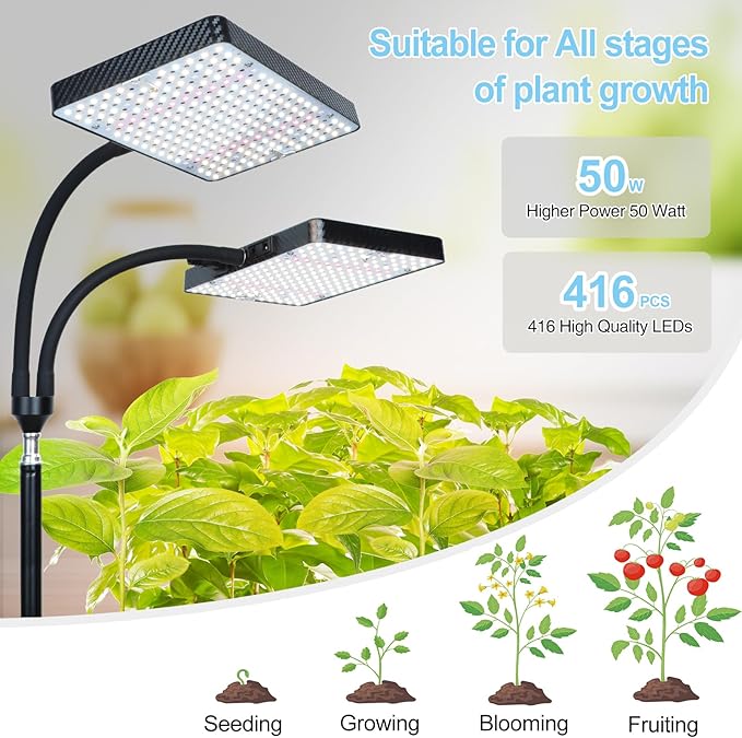 50W Standing Grow Lights for Indoor Plants, Seed Starting, Bonsai with Timer Auto On/Off, 5000 Lumen Enough Bright Like A Small Sun for Your Jungle, Daisy Chain Function, 40"-64" Height Adjustable