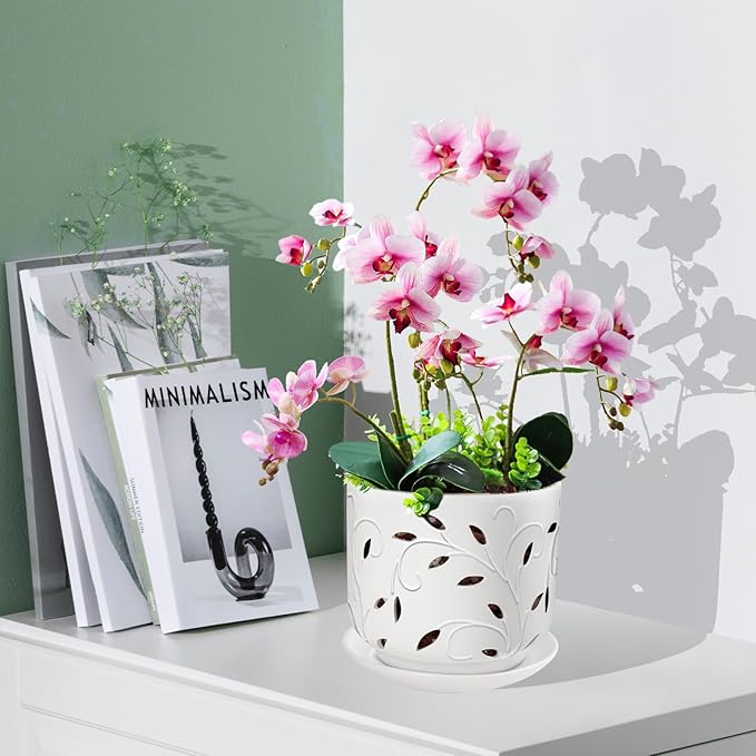 EFISPSS Orchid Pots with Holes, 7 Inch Orchid Pots with Drainage Holes and Tray, Indoor or Outdoor Ceramic Flower Pot for Orchid Care, Promoting Air Circulation and Drainage Plant Pot - White