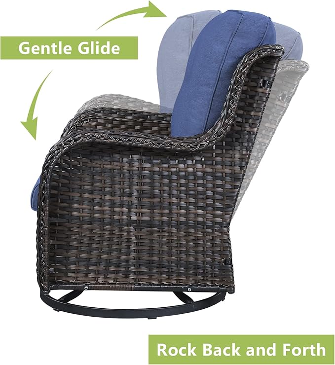 Outdoor Wicker Patio Furniture Set - 6 Piece Rattan Patio Conversation Set with 2 Rocking Swivel Chairs,2 Ottomans,1 Loveseat and 1 Coffee Table for Porch Deck Backyard Garden(Brown/Blue)