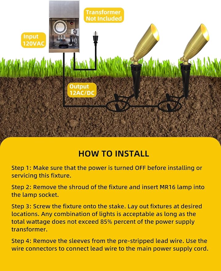 COLOER Die-cast Brass Landscape Spotlight 1-Pack Without Bulb,12V AC/DC Low Voltage Copper Outdoor Lighting with Ground Stake, Directional Garden Patio Spot Up Light (102B Brass Finish)