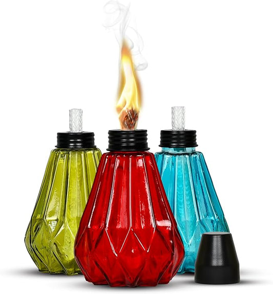 Deco Window Pack of 3 Table Torch for Indoor Outdoor Citronella Oil Tabletop Glass Lamp Landscape Lantern with Fiberglass Wick & Cap for Garden Patio Yard Party Decor Light