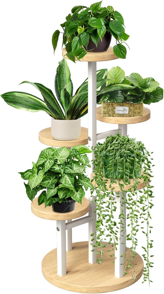 GEEBOBO 5 Tier Plant Stand Indoor, Metal Wood Plant Stands For Indoor Plants Multiple, Corner Tiered Flower Plants Shelf Stand for Living Room Bedroom, White