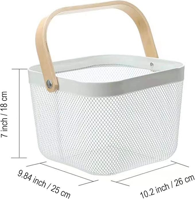 Metal Mesh Steel Basket, Storage Organizer Basket Multi-functional Hanging Kitchen Baskets Fruit Basket Bin with Bamboo Handle for Kitchen Bathroom Picnic Shopping Decor Cabinet Home, White