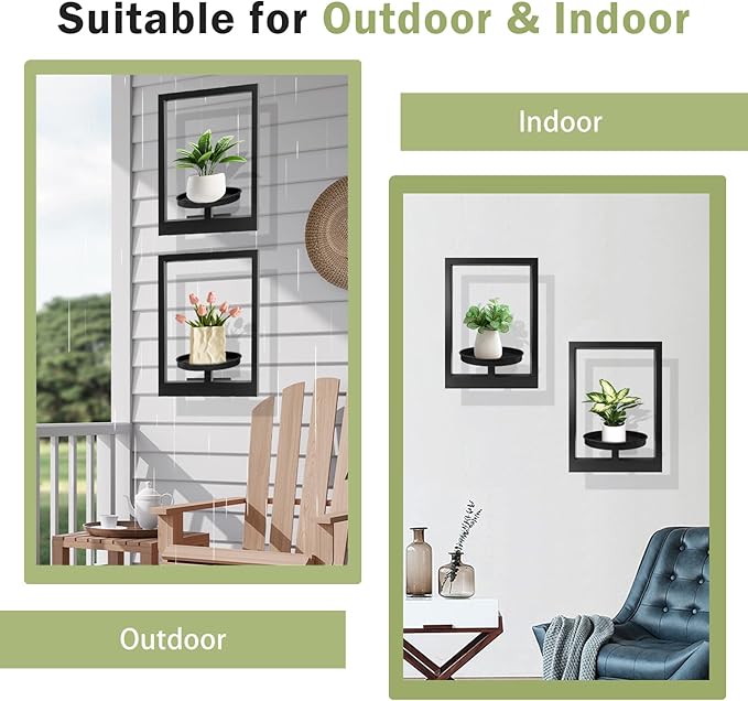Picture Frame Plant Holder, Wall Mount Plants shelf Indoor Outdoor, Metal Hanging Planters Stand Decor, Window Planter Hanger Shelves, Modern Floating Ornament Rack Art for Home & Garden((Black 2pc))