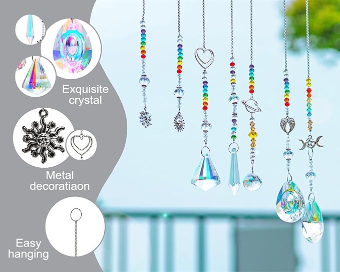Suncatcher Crystal Prisms Hang Pendants Garden Window Sun Catcher Rainbow Chandelier Beads Chain Ornament, Pack of 7