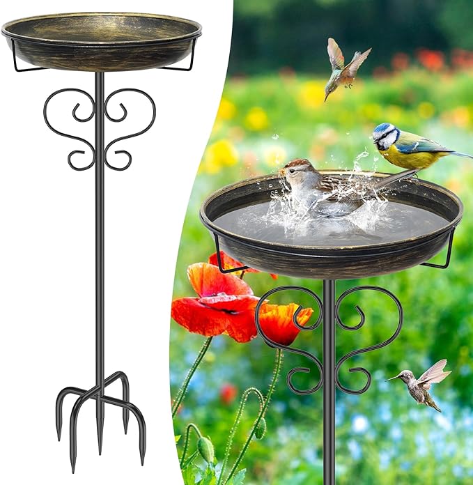Bird Bath for Outside,Freestanding Metal Bird Bath Feeder with Heavy Duty 5 Prong Stake, Garden Birdbath Birdfeeder Bowl for Yard Lawn Patio Decor (Vintage Gold)