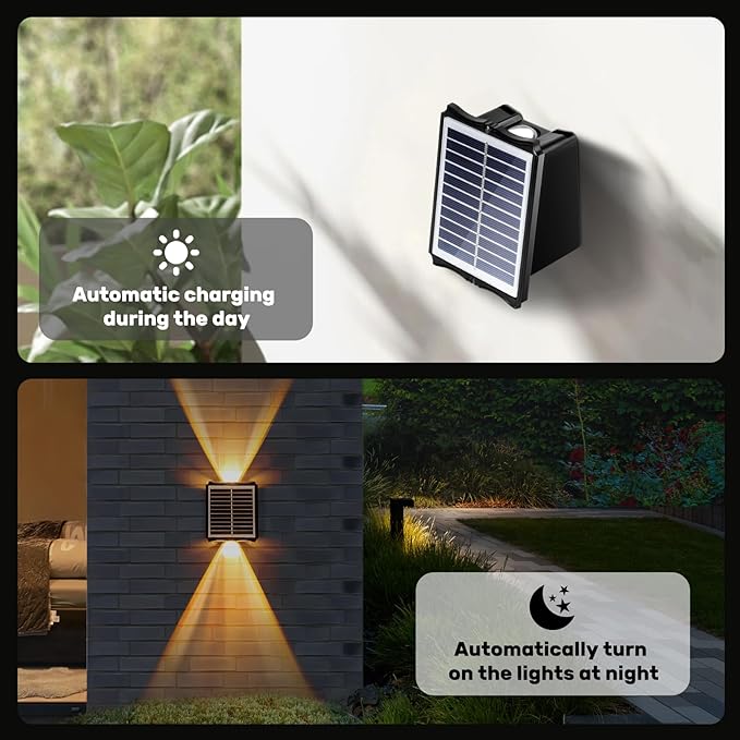 2LED Solar Wall Lights, Up and Down Lighting Solar Outdoor Light Waterproof IP65, 6500K/3000K Solar Fence Light Solar Powered Light for Yard Garden Garage Christmas Decorations (4 Pack)