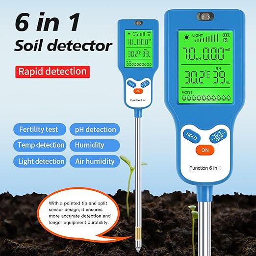 6-in-1 Soil Moisture Meter Digital PH Meter/Soil Moisture/Plant Temperature/Sunlight Intensity, Backlight LCD Display, Soil Test Meter for Garden, Lawn, Plant Care (Blue)