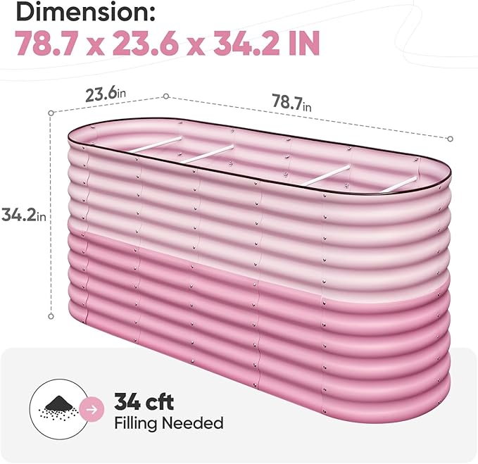 KING BIRD Raised Garden Bed 2.85 ft Tall 9 in 1 Galvanized Planter Garden Box Outdoor for Gardening, Deep Root Vegetables, Flowers 78.7X23.6X34.2 in, Pink