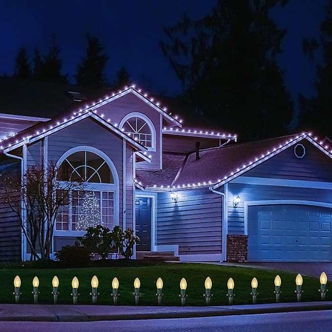 C9 Christmas Pathway String Lights, 38Ft Clear Pathway String Lights Outdoor with 25 Clear Bulbs and Stakes, Waterproof Walkway Lights for Outside Driveway Sidewalk Outdoor Christmas Decorations