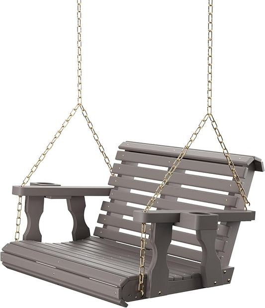 Amish Casual 3 Foot Roll Back Porch Swing with Cup Holders in Semi-Solid Gray Stain - Amish Made in The USA from Treated Pine Heavy Duty 700 Lb. Weight Capacity
