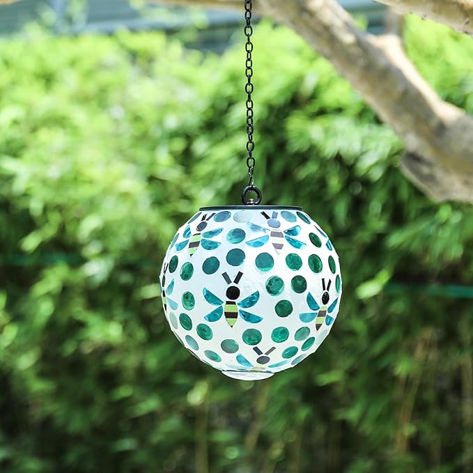 VCUTEKA Solar Chandelier Outdoor, Hanging Mosaic SolarLights with Hook Up, Solar Garden Lantern Decor for Yard, Deck and Patio, Green