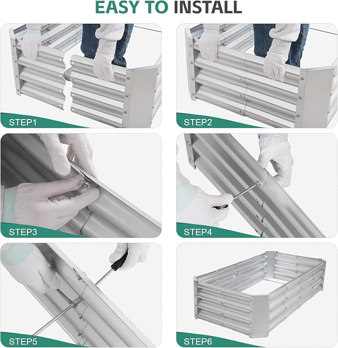 Galvanized Raised Garden Bed - 4x2x1ft Metal Garden Planter Box Outdoor | Steel Raised Bed Kit with Bracing Rods, Gloves for Gardening Vegetables Fruits and Flowers (Silver)