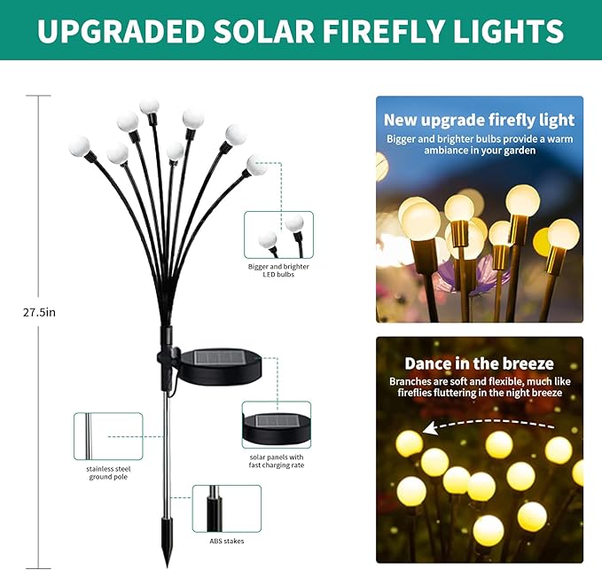 Solar Garden Lights, 8Pack 64LED Outdoor Firefly Lights Solar Decorations Lights Waterproof Firefly Lights Swaying in The Wind, Big Bulb Vibrant Firefly Lights for Yard Patio Pathway Decor Warm White